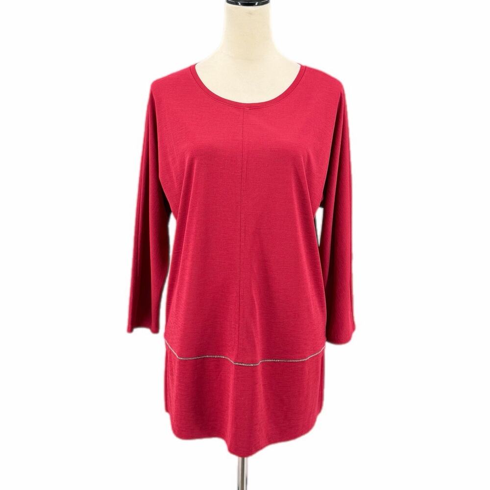 Chico’s Sz. 1 Dark Red Silver Chain Slinky Tunic Simple Fall Momcore Blouse Top